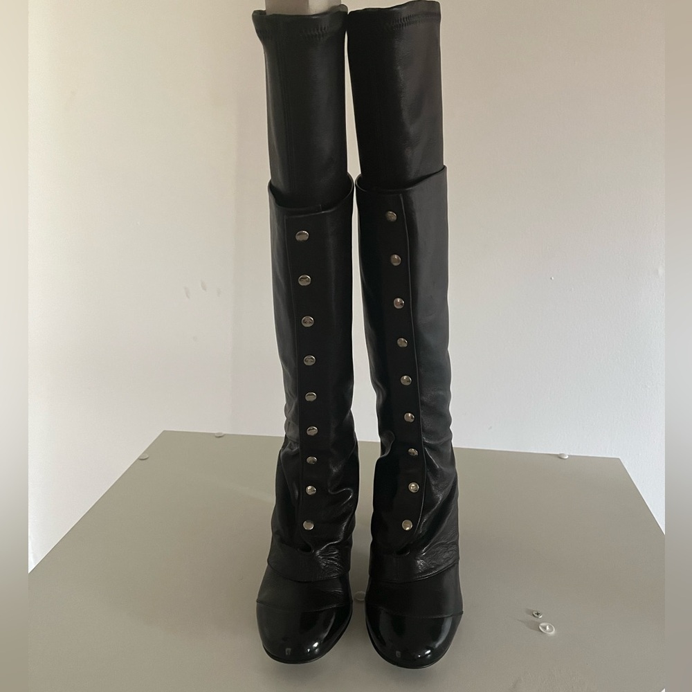 CHANEL Black Over the Knee Boots with Silver CC Buttons and Garter